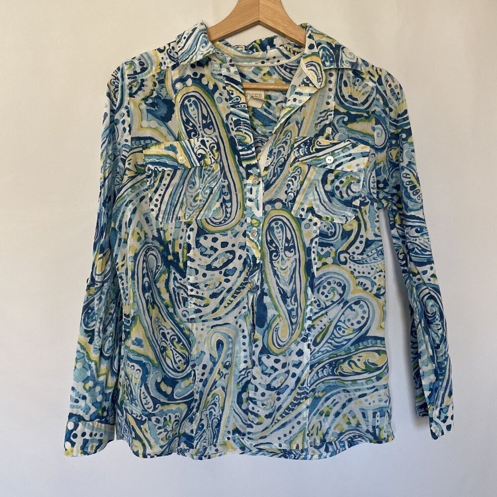 Chico's blue and yellow paisley 70's vintage women's size 0 button down cotton